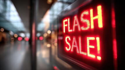 Closeup of a digital flash sale alert screen with vibrant red text in sharp focus against a blurred retail background.