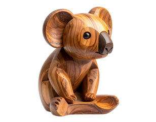 Minimalist Geometric Wooden Koala Sculpture with Smooth Polished Finish, Front View, Isolated on Transparent Background