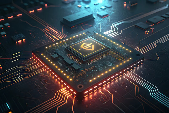 Detailed Technological Circuit Board with Complex Metallic Patterns, Moony Lighting, and Abstract Computational Design