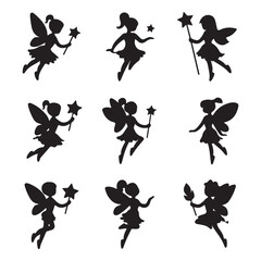 Cute Fairy Silhouettes Vector Set, Magical Pixie Girls with Wand and Wings, Fantasy Cartoon Fairy Clipart