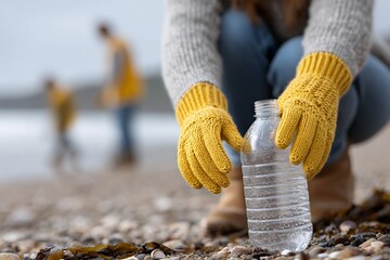 Beach cleanup activity with volunteers collecting plastic bottles on a coast