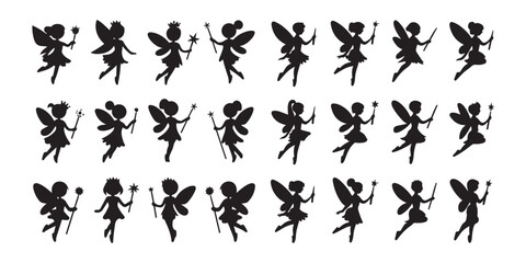 Magical Fairy Silhouettes Vector Collection, Fantasy Pixie Girl Flying and Dancing Fairy Clipart for Design