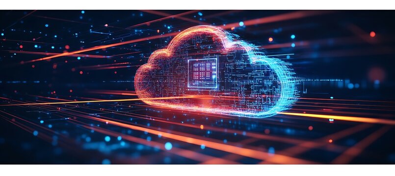 The digital cloud technology is shown with glowing lines and dots, representing the future of data storage and processing on a dark backdrop