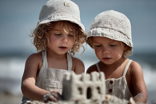 Caucasian young children building sandcastle at beach with hats in summer