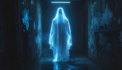 Ethereal Specter in Dark Passage: An eerie, spectral figure cloaked in flowing fabric emerges from the shadows, bathed in an ethereal glow. The chilling presence lingers within a mysterious corridor.