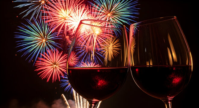 Celebrating new year's eve with a glass of red wine and fireworks display in the background - Powered by Adobe