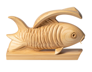 Minimalist Geometric Wooden Koi Carp Sculpture with Smooth Curves, Front View, Isolated on Transparent Background