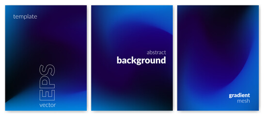 Abstract liquid background set. Gradient mesh. Effect blend dark blue color. Blurred fluid colorful mix. Modern design template for web cover, header, ad banner, poster, brochure, flyer. Vector image