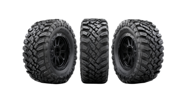 Three rugged off-road tires showcasing aggressive tread patterns on a pristine, transparent display