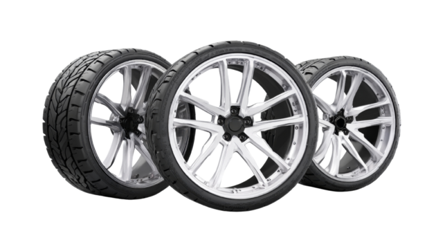 Precision engineered tires showcasing modern wheel designs against a transparent surrounding