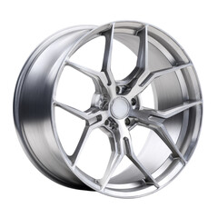 Obraz premium Intricate alloy automotive wheel displaying radial symmetry and precision engineering with a