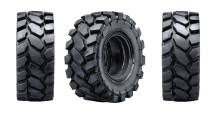 Heavy Duty Tire Trio Showcasing Rugged Tread Patterns against an Isolated Field