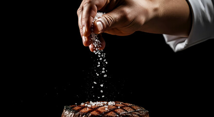 Chefs hand sprinkling sea salt on a delicious grilled steak against a black background