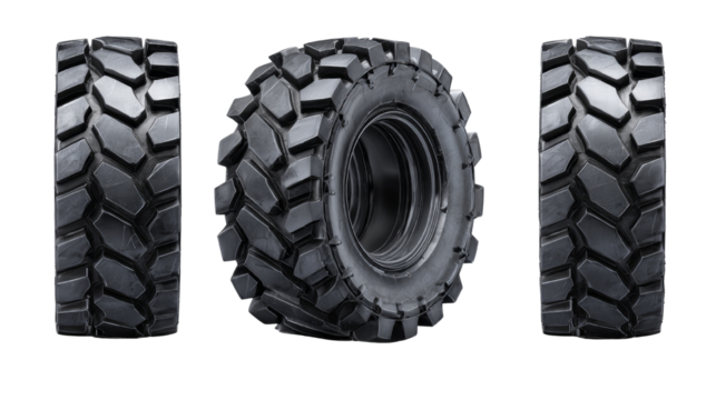 Heavy Duty Tire Trio Showcasing Rugged Tread Patterns against an Isolated Field