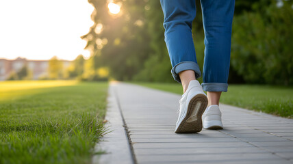 Taking a stroll: a close-up shot of a person's legs and feet, wearing white sneakers, strolling along a paved walkway in a sunlit park, evoking a sense of relaxation and tranquility.