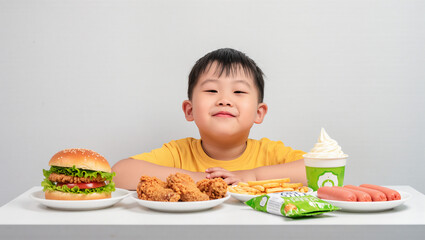 A little boy is sitting in a chair at a table full of fast food like burgers, fried chicken, french fries, sausages, and ice cream