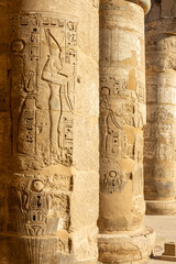 Detail of carved columns in Habu temple on Luxor west bank, Egypt