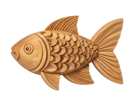 Minimalist Geometric Wooden Koi Carp Sculpture with Smooth Curves, Front View, Isolated on Transparent Background