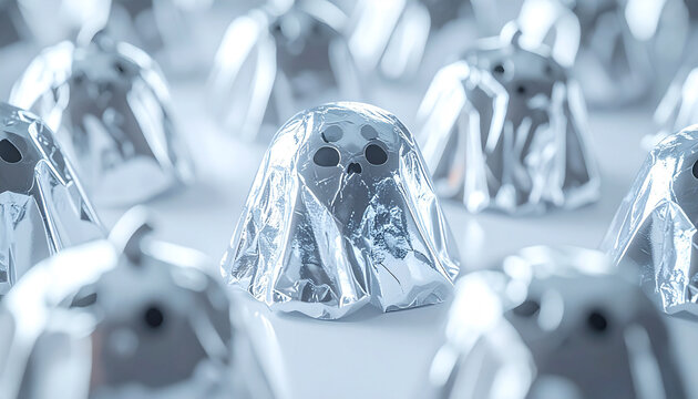 Silver-wrapped Ghost Candies: A close-up, top-down view of a charming collection of Halloween candies shaped like friendly ghosts, enveloped in shiny silver foil. It’s an evocative scene.
