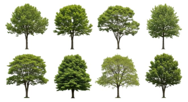 Ten distinct mature deciduous trees, vibrant green foliage, unique canopy, perfectly formed, isolated against transparent studio background. Professional studio asset concept