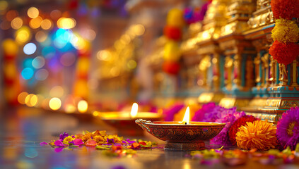 Glowing oil lamps and flowers during a temple festival celebration.