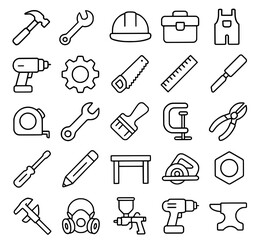 Obraz premium Icon pack, icon sheet, carpentry tools theme, outline version, vector SVG, transparent background PNG