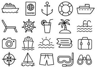 Fototapeta premium Icon pack, icon sheet, cruise theme, outline version, vector SVG, transparent background PNG