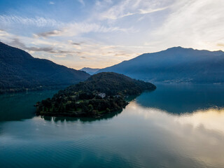 Aerial nature landscape sunset Piona village in Lake Como Italian Alps mountains in Lombardy