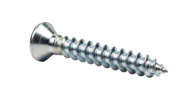New, polished silver Phillips head wood screw, sharp threads, lying on transparent reflective surface with copy space, soft studio lighting, macro shot, concept of precision and utility