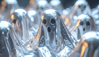 Ghostly Gathering: A spectral gathering of ghostly figures, swathed in ethereal cloth, congregates in an otherworldly setting. Capturing the mystical charm of the supernatural.