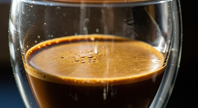 Espresso shot in a doublewalled clear glass The crema has tiny bubbles and a rich tan color Reflections on the glass are visible