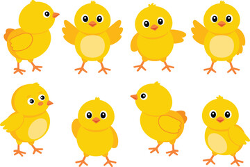 Cute cartoon baby chicks set, yellow bird illustrations, adorable animal characters, fun Easter designs, children’s graphics collection, animated farm birds, playful chick artwork