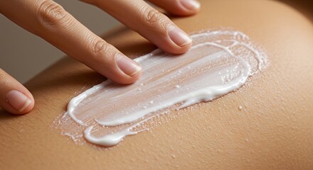 Hand spreading white cream on skin fingers applying lotion evenly