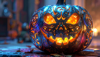 Haunted Glow: An intricately carved Halloween pumpkin radiates an eerie glow in a dimly lit scene, casting shadows with its sinister grin.