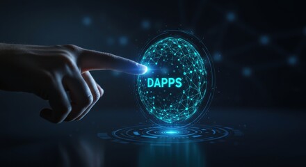 Decentralized Applications (DApps) concept with a human finger interacting with a glowing digital sphere representing network connections and data
