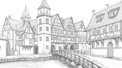 Medieval town sketch drawing