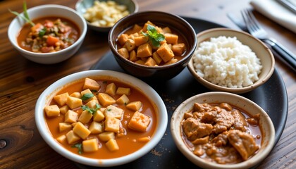 a table set with a variety of dishes and sauces, suggesting a meal preparation or serving scenario