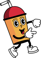 Cartoon Drink Character with Straw Red Lid and Pointing Hand.