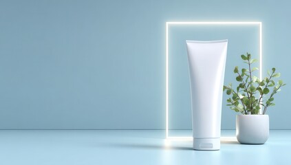 High quality photo of mockup of an empty white skincare tube standing upright on its side, with a soft glow around it and a small plant beside the product. the background is a plain.