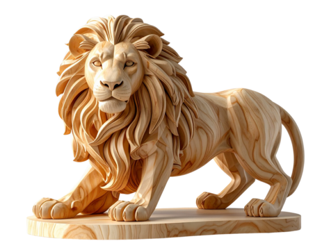 Minimalist Geometric Wooden Lion Sculpture with Smooth Curves, Front View, Isolated on Transparent Background