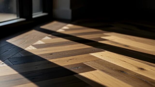 Sunlight streaming over reclaimed wood herringbone floor casting soft shadows that accentuate the natural variations in wood tones.