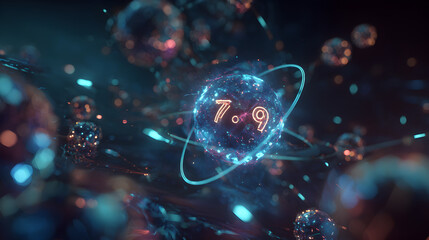 Abstract glowing atom model with orbiting electrons and glowing particles
