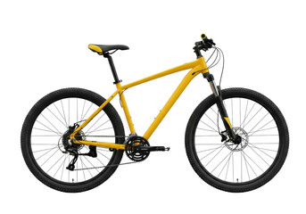 Obraz premium modern yellow mountain bike with knobby tires, black/yellow seat, silver components, in pristine studio on transparent background with copy space, subtle shadow. concept for outdoor sports advertising