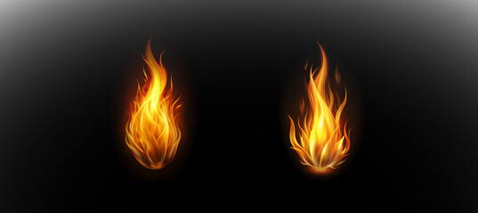 Fire flame effect, bonfire, realistic silhouette of match or torch flame. Lights and flames design on transparent background vector, png.	

