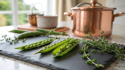 Fresh green peas and herbs arranged aesthetically in a bright kitchen.
