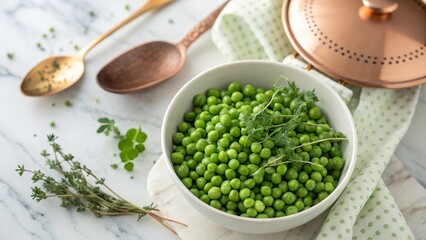 Fresh green peas and herbs arranged aesthetically in a bright kitchen.