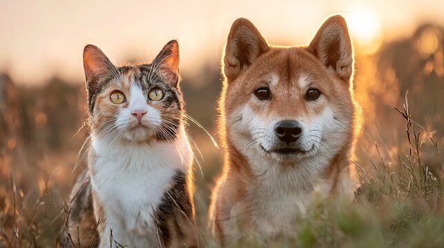 Golden Hour Portrait of Calico Cat and Shiba Inu