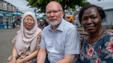 Obraz premium Three people enjoying a casual moment together at a busy outdoor market in a vibrant setting on a cloudy day