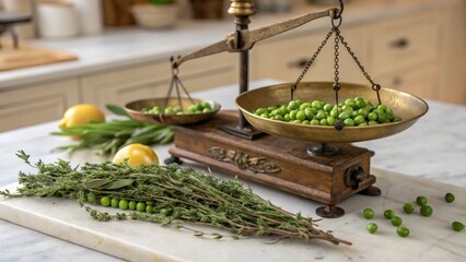 Fresh green peas and herbs arranged aesthetically in a bright kitchen.