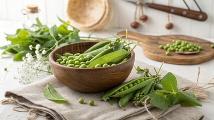 Fresh green peas and herbs arranged aesthetically in a bright kitchen.